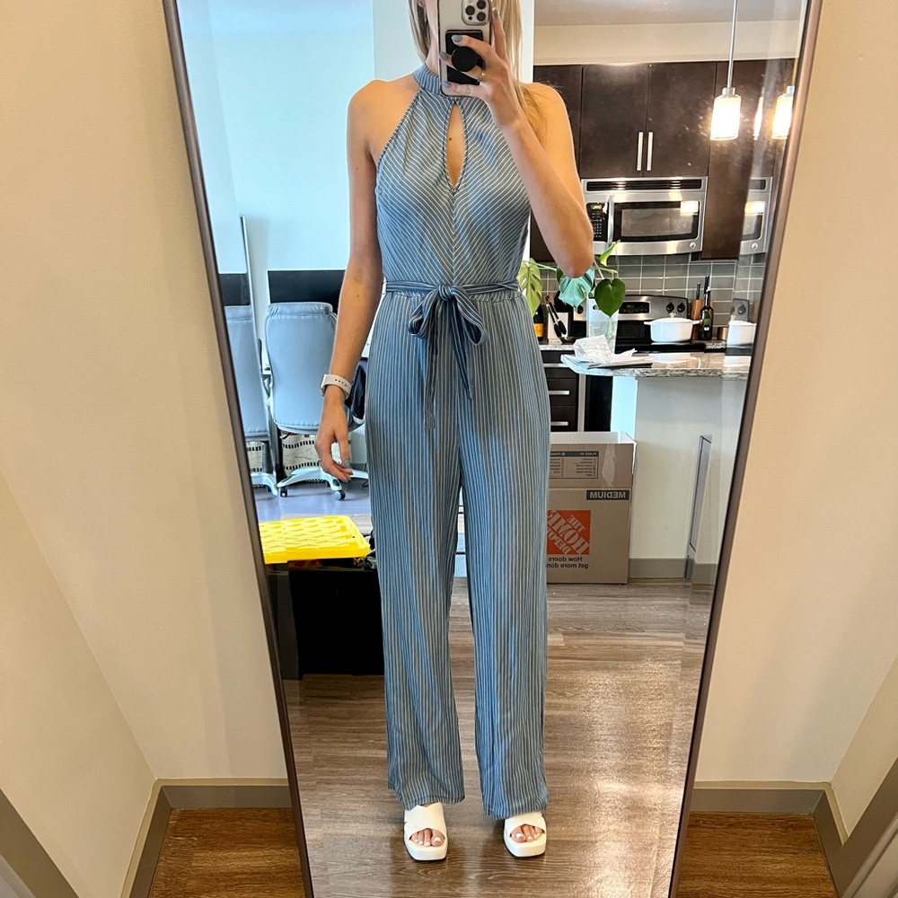 Blue pinstripe jumpsuit